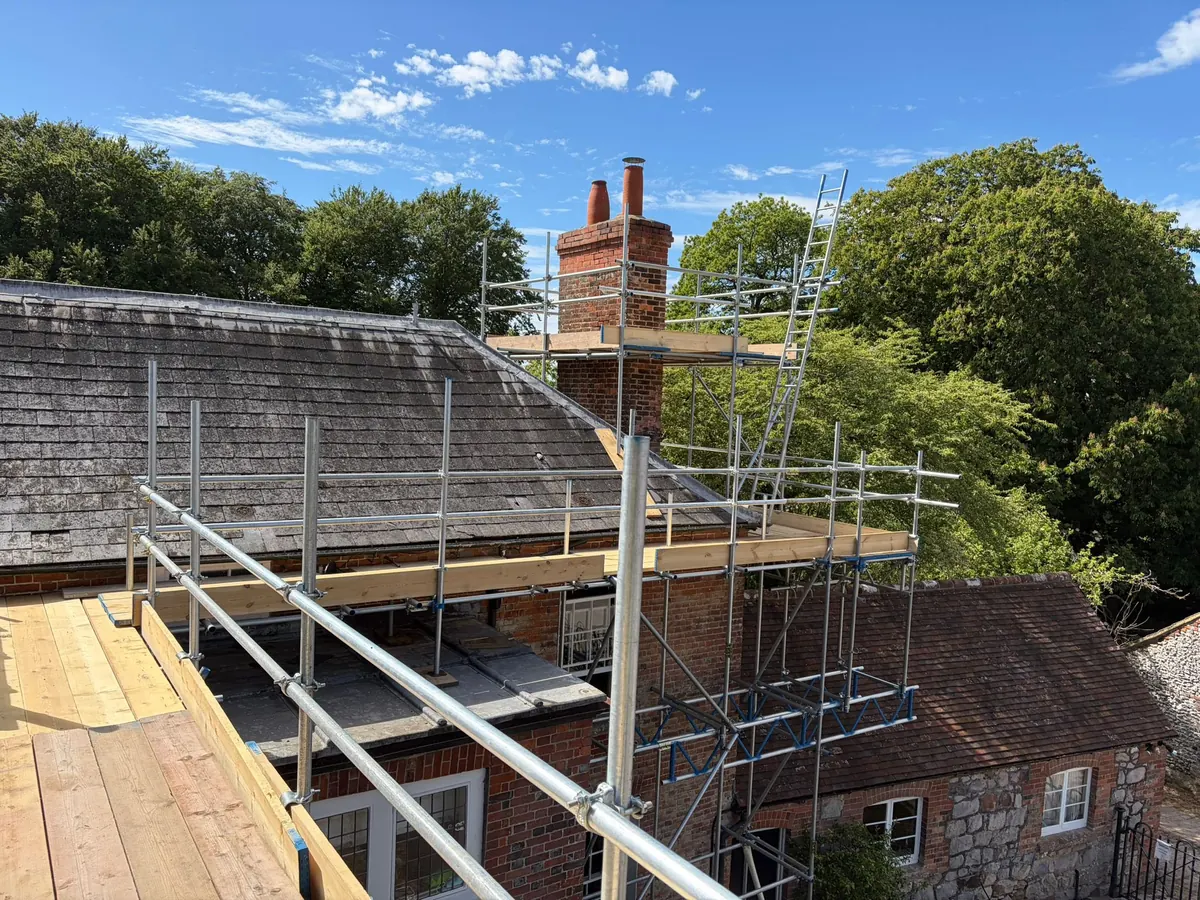 Boarded roof walkway to a chimney