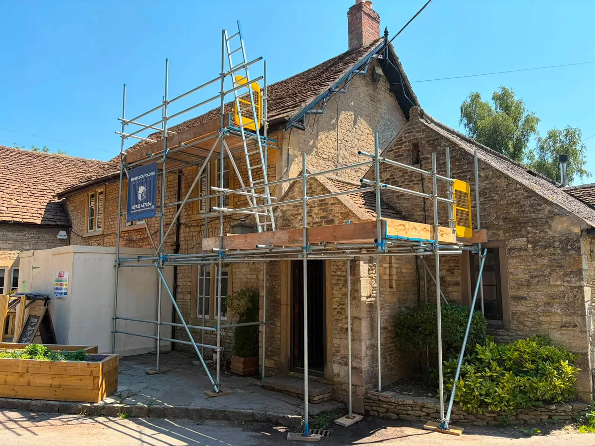 Front scaffold on a stone-built pub