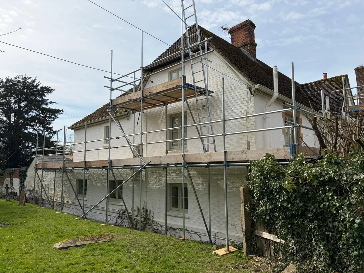 Gable end of a large white house